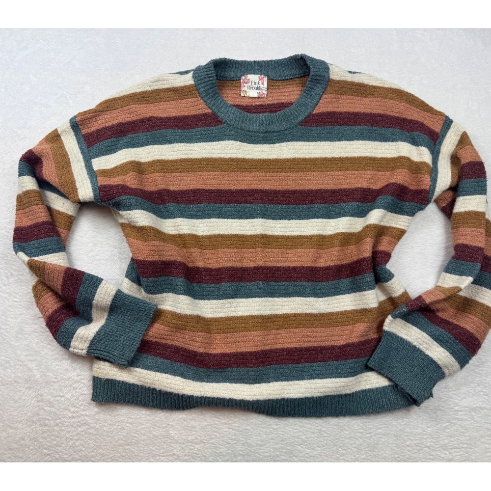 Pink Republic Womens Striped Chenille Crewneck Sweater Multi Color Large